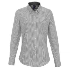 Premier Ladies Long Sleeve Striped Oxford Shirt - White/Grey, XXL