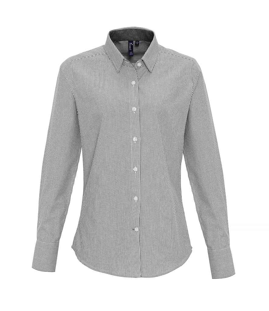 Premier Ladies Long Sleeve Striped Oxford Shirt - White/Grey, XXL