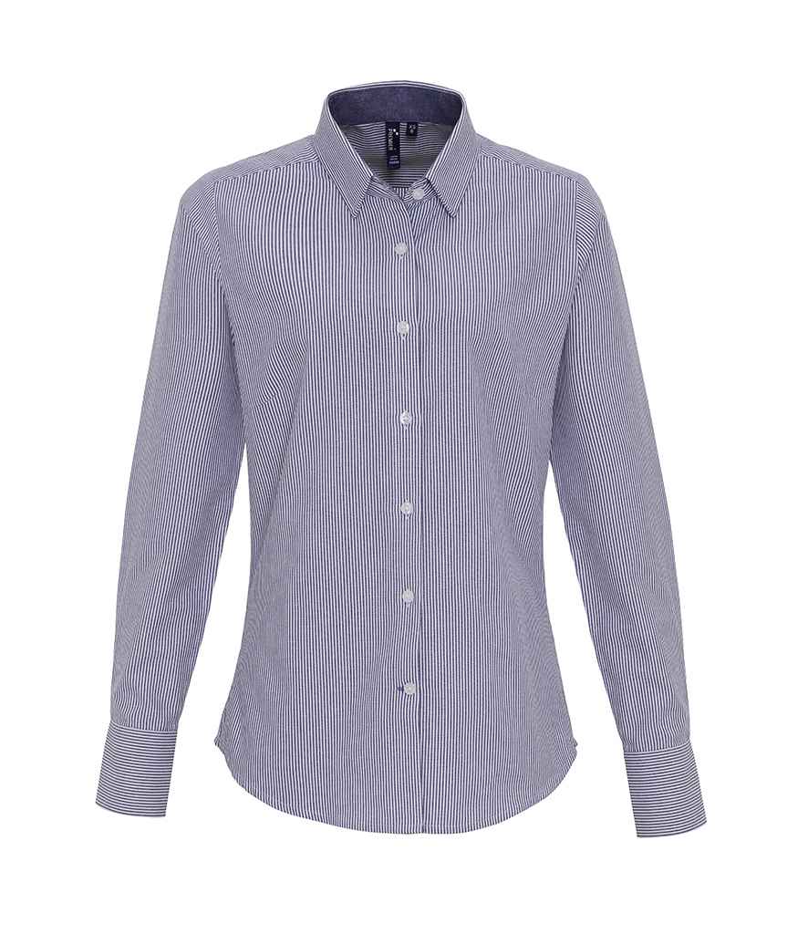 Premier Ladies Long Sleeve Striped Oxford Shirt - White/Navy, XL