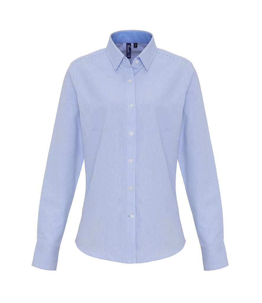 Premier Ladies Long Sleeve Striped Oxford Shirt - White/Oxford Blue, XXL