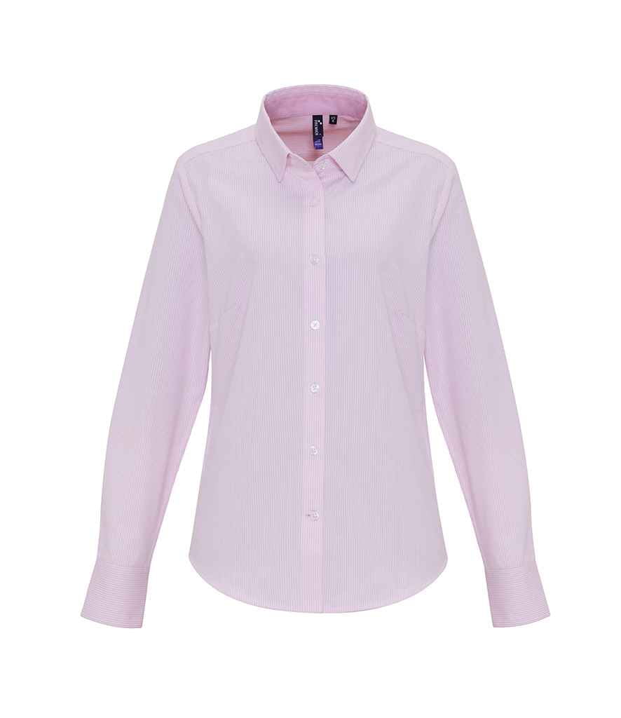 Premier Ladies Long Sleeve Striped Oxford Shirt - White/Pink, XXL