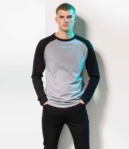 Men Long Sleeve Baseball T-Shirt Grey and Black - Front 2