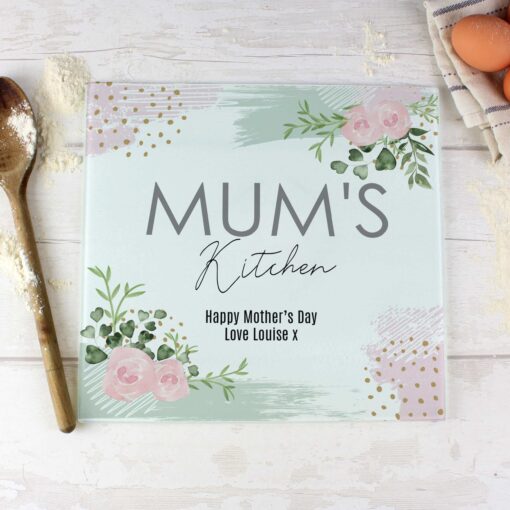 Personalised Abstract Rose Glass Chopping Board / Worktop Saver
