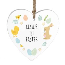 Personalised Easter Bunny & Chick Wooden Heart Decoration