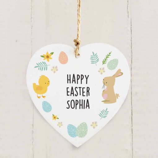 Personalised Easter Bunny & Chick Wooden Heart Decoration