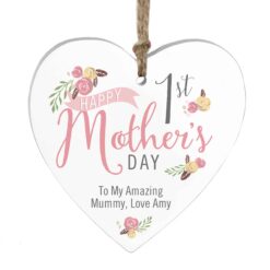 Personalised Floral Bouquet 1st Mothers Day Wooden Heart Decoration