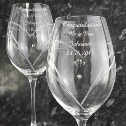 Personalised Hand Cut Little Hearts Diamante Wine Glasses
