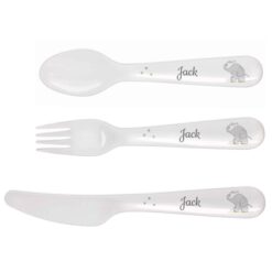 Personalised Hessian Elephant 3 Piece Plastic Cutlery Set