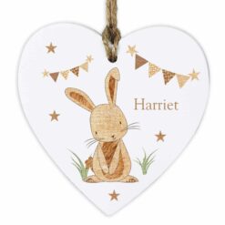 Personalised Hessian Rabbit Wooden Heart Decoration
