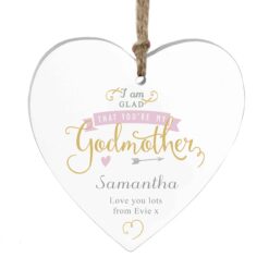 Personalised 'I Am Glad' Godmother Wooden Heart Decoration