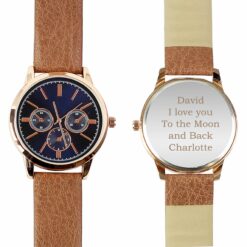 Personalised Mens Rose Gold Tone Watch with Brown Strap and Presentation Box