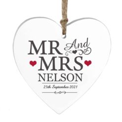 Personalised Mr & Mrs Wooden Heart Decoration