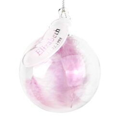 Personalised Name & Date Pink Feather Glass Bauble