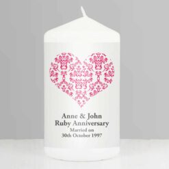 Personalised Ruby Damask Heart Pillar Candle