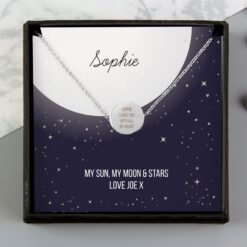 Personalised Sentiment Moon & Stars Sterling Silver Necklace and Box