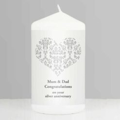 Personalised Silver Damask Heart Pillar Candle