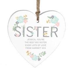 Personalised Sister Floral Wooden Heart Decoration