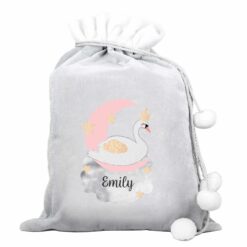 Personalised Swan Lake Luxury Silver Grey Pom Pom Sack