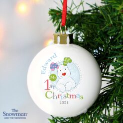 Personalised The Snowman and the Snowdog My 1st Christmas Blue Bauble