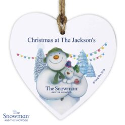 Personalised The Snowman and the Snowdog Wooden Heart Decoration