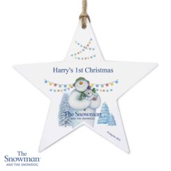 Personalised The Snowman and the Snowdog Wooden Star Decoration