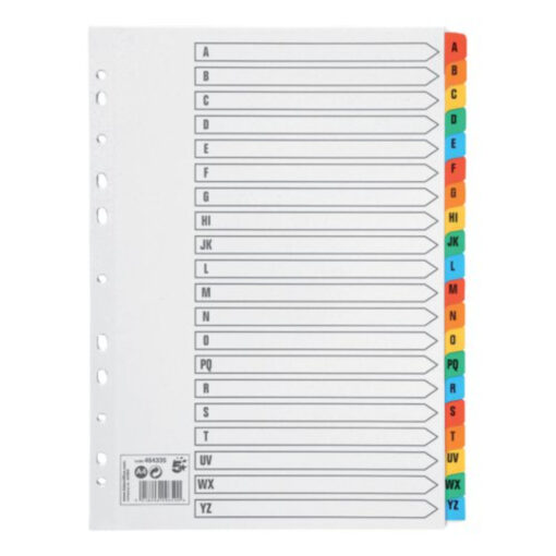 5 Star A4 A-Z 20-Part Subject Dividers Multi Punched Mylar-Reinforced Multicolour Tabs