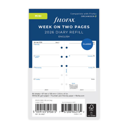 Filofax Mini Week on Two Pages 2026 Diary Refill 68121