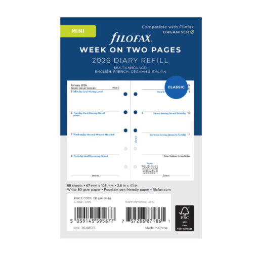 Filofax Mini Week on Two Pages Multi Language 2026 Diary Refill 68127