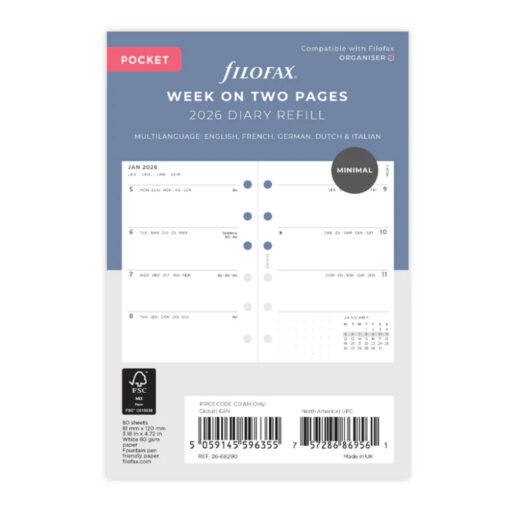 Filofax Pocket Minimal Week on Two Pages Multilanguage 2026 Diary Refill 68290
