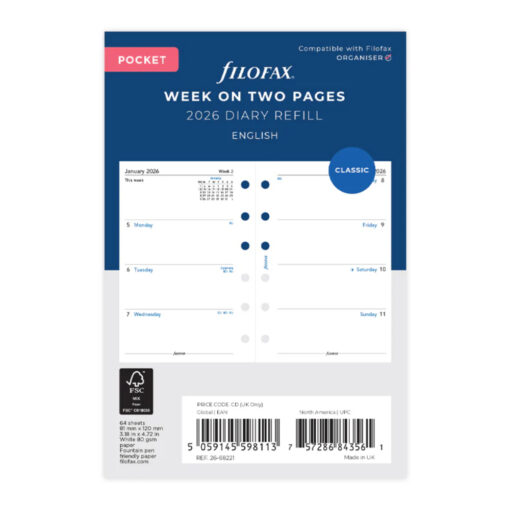Filofax Pocket Week on Two Pages 2026 Diary Refill 68221