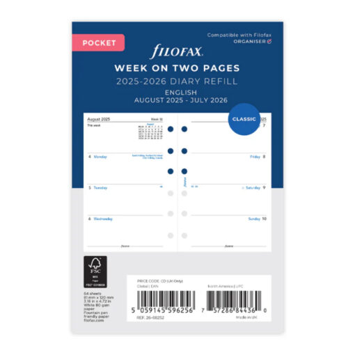 Filofax Pocket Week on Two Pages August 25 to July 26 Academic Diary 68252