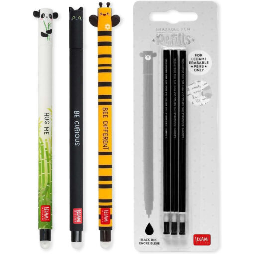 Legami Erasable Gel Pens Panda Cat Bee + Black Refills Pack of 3