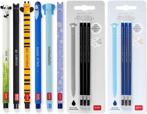 Legami Erasable Gel Pens Panda Cat Bee Shark Elephant Hippo + Black & Blue Refills