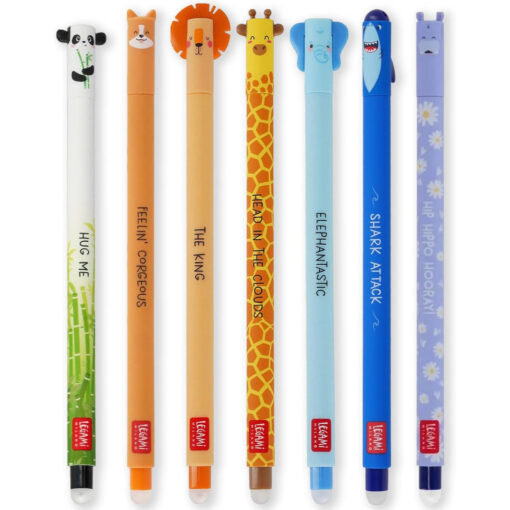 Legami Erasable Gel Pens Panda Corgi Lion Giraffe Elephant Shark Hippo Set of 7