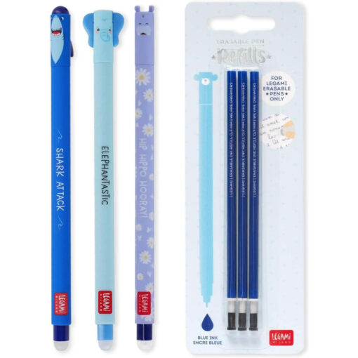 Legami Erasable Gel Pens Shark Elephant Hippo + Blue Refills Pack of 3