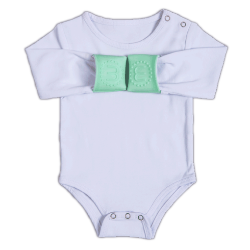 Munchy Mitts baby grow with integrated silicone teething mitts