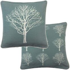 2 X Forest Trees Duck Egg Blue White 100% Cotton Piped Cushion Cover 17" - 43CM