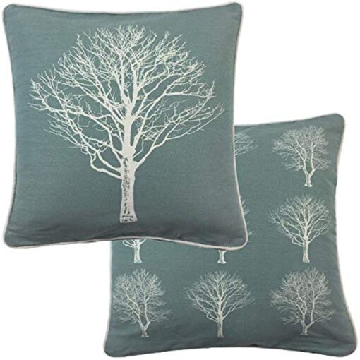 2 X Forest Trees Duck Egg Blue White 100% Cotton Piped Cushion Cover 17" - 43CM