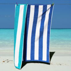 Beach Towel Blue & White Stripe Large Luxury Velour
