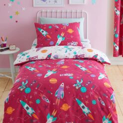 Bentley Priory Linens Pink Astronaut Space Single Bed Duvet Cover Set Glow in The Dark Supersonic Rockets and Solar system with shooting stars for girls or boys