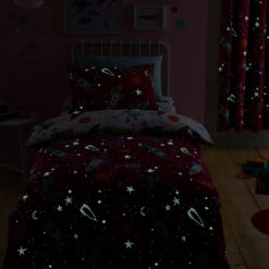 Bentley Priory Linens Pink Astronaut Space Single Bed Duvet Cover Set Glow in The Dark Supersonic Rockets and Solar system with shooting stars for girls or boys