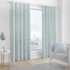Delft Duck Egg Blue Leaf Print Eyelet Curtains by Fusion - 90-x-72-228cm-x-182cm