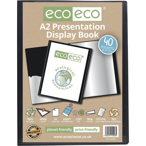 eco-eco A2 40 Pocket Presentation Display Book 50% Recycled Black Filing Office
