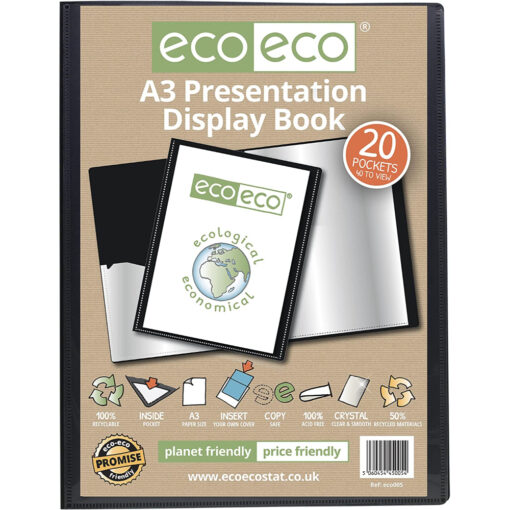 eco-eco A3 Display Book 50% Recycled 20 Pocket Black Presentation File Folder