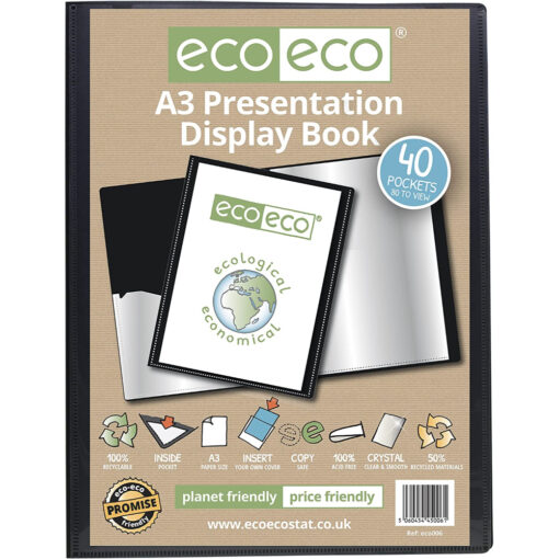 eco-eco A3 Display Book 50% Recycled 40 Pocket Black Presentation File Folder