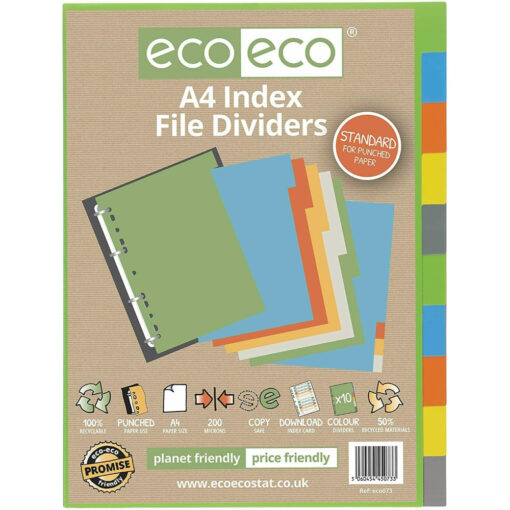 eco-eco A4 10 Part File Dividers Plastic Assorted Colour Tabs