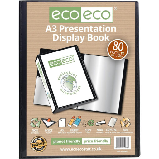 eco-eco A4 100 Pocket Display Book Black 50% Recycled Folder Presentation + Box