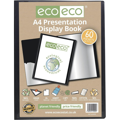eco-eco A4 60 Pocket Presentation Display Book 50% Recycled Black Filing