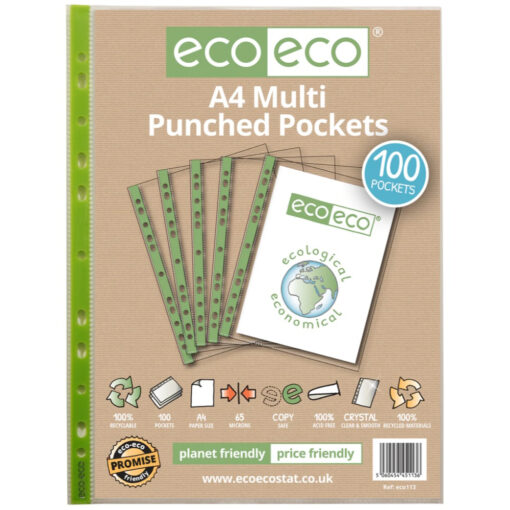 eco-eco A4 65 Micron Multi Punched Pockets x 100 Pack