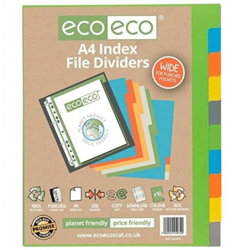 eco-eco A4 Extra Wide 10 Part File Dividers Plastic Assorted Colour Tabs